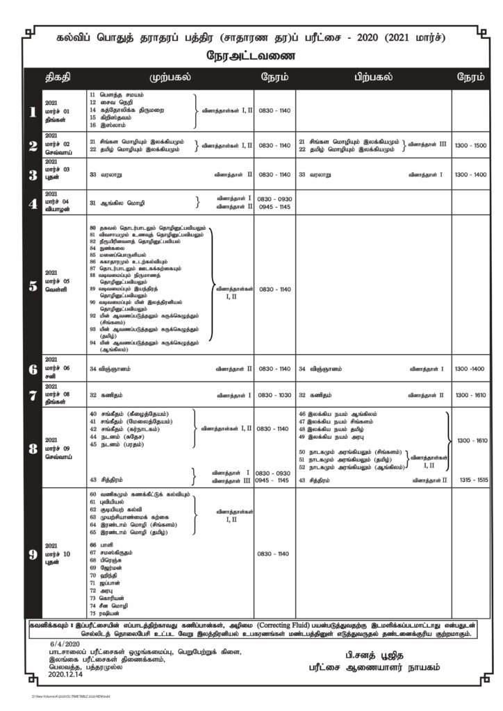 G.C.E O Level Examination TimeTable 2020(2021 MARCH) Ceylon Vacancy