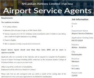 Airport Service Agent Vacancy Airlines 2024 Ceylon Vacancy