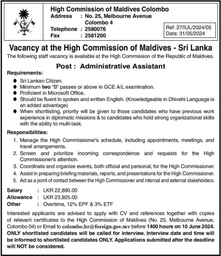 High Commission Of Maldives Vacancy 2024 ADMINISTRATIVE ASSISTANT