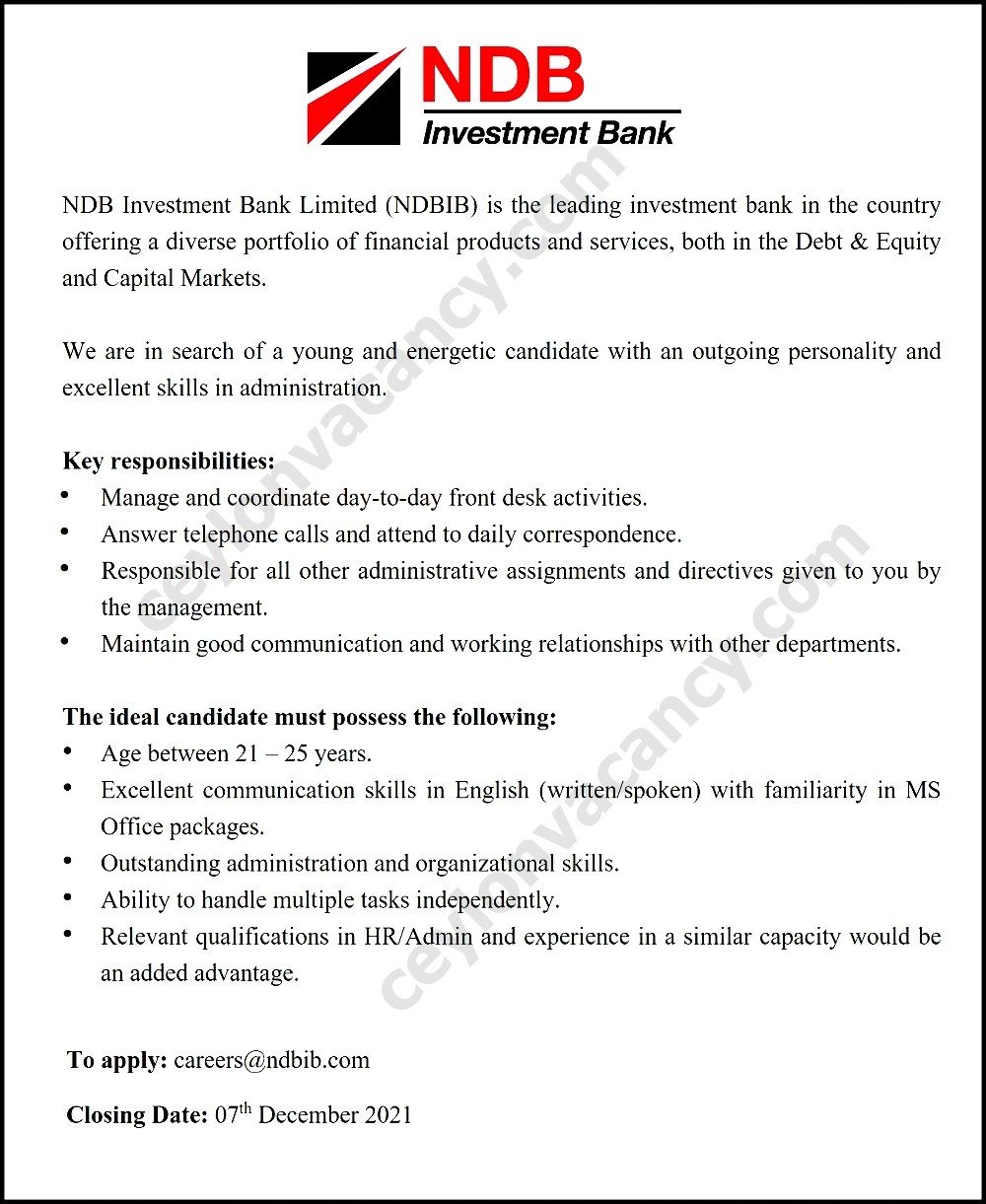 NDB INVESTMENT BANK ADMINISTRATIVE ASSISTANT VACANCY Ceylon Vacancy