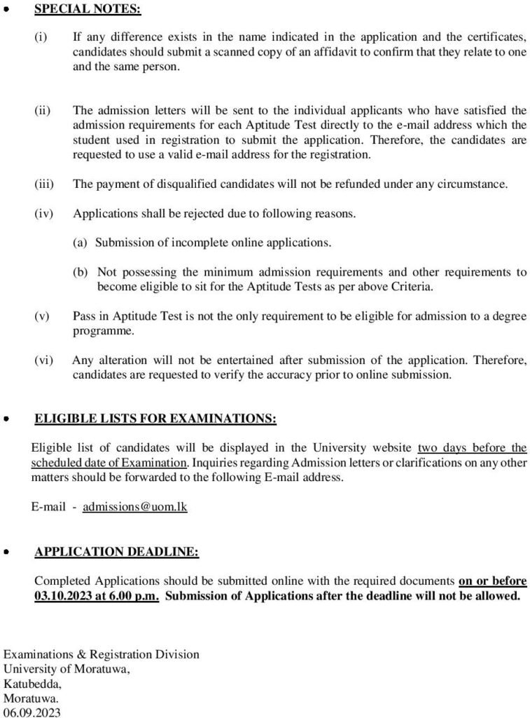 University Of Moratuwa Aptitude Test Application 2022 2023 UOM Ceylon Vacancy