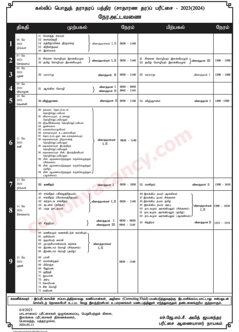 GCE OL EXAM TIMETABLE 2023(2024) DOWNLOAD - Ceylon Vacancy