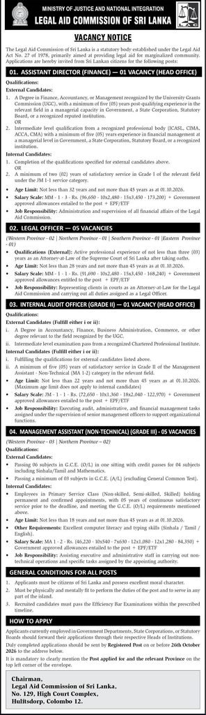 Legal Aid Commission of Sri Lanka Vacancy Notice 2026