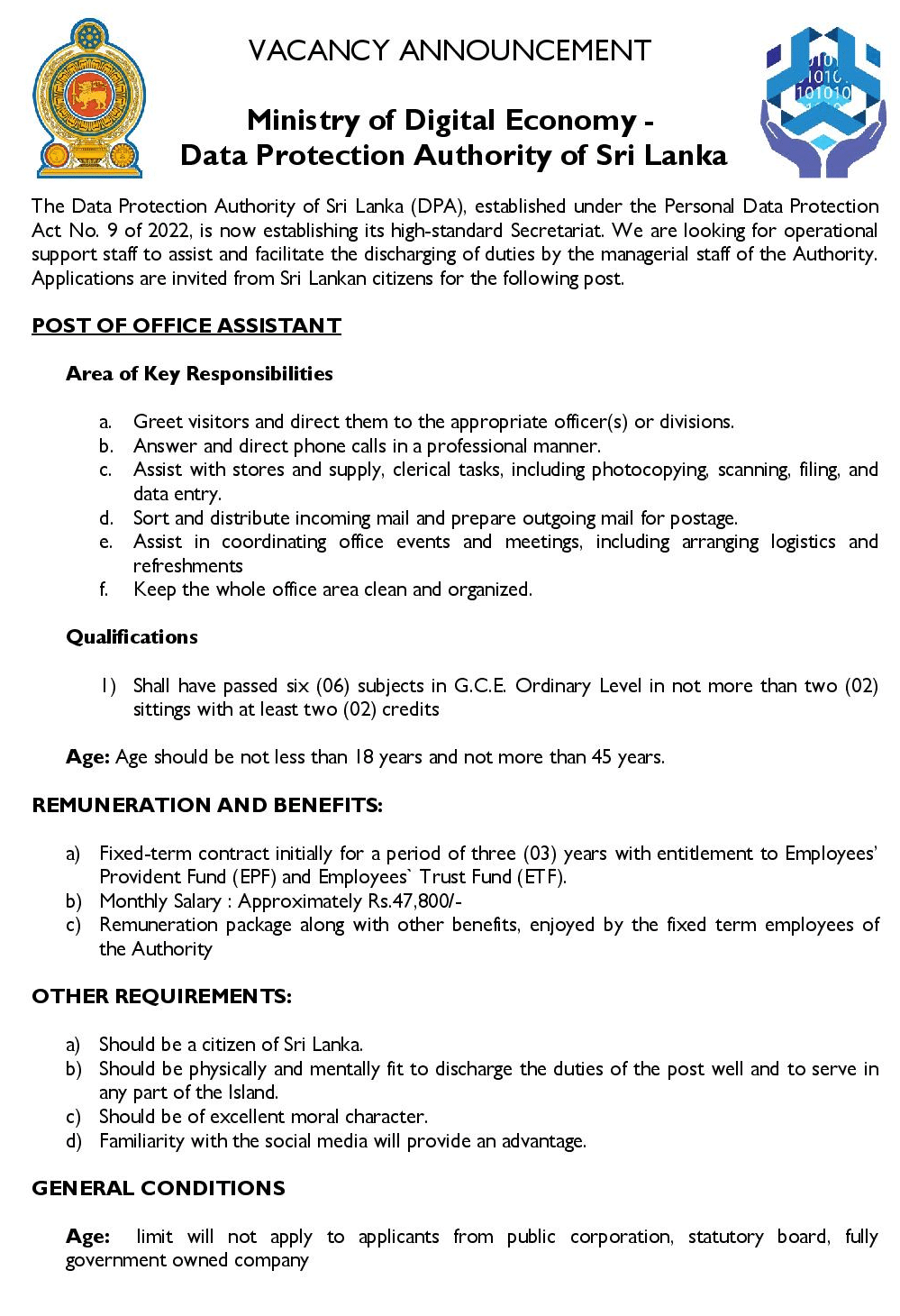 DPA Office Assistant Vacancy Notice Page 1